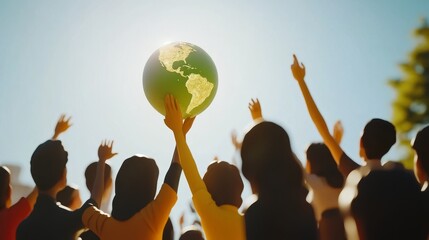 A diverse group of people celebrating the Earth, raising their hands in unity under a bright sun, representing global awareness.