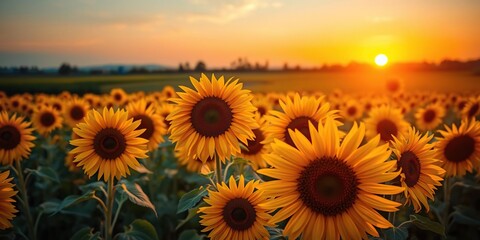 Obraz premium Vibrant sunflowers in a field at sunset, creating a beautiful contrast of colors and light, nature, bloom, agricultural