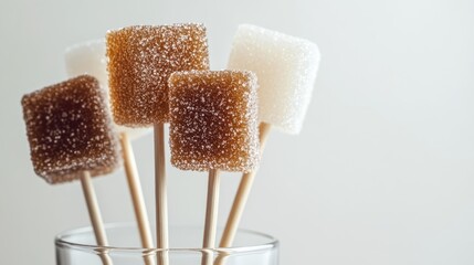 Brown and white sugar candy on sticks displayed in a glass against a white backdrop