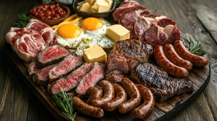 Assorted platter featuring meat bacon steak eggs sausages butter and cheese
