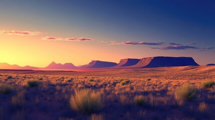 Fototapeta premium Serene desert landscape at dawn with the rising sun casting a soft glow on the horizon creating a sense of calm and tranquility