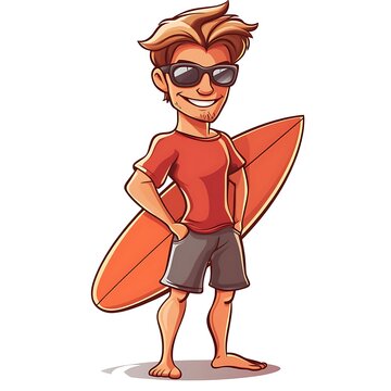 Cartoon surfer dude with sunglasses and a surfboard on a white background.