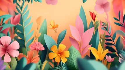 Fototapeta premium Colorful Paper Flowers and Leaves on a Peach Background