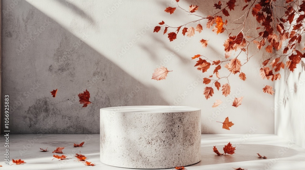Poster stone pedestal adorned with autumn leaves featuring a fall backdrop for product display design in a 