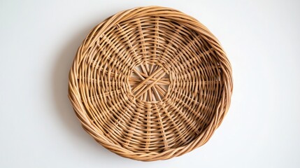 Fototapeta premium Round woven wicker placemat seen from above on a white backdrop