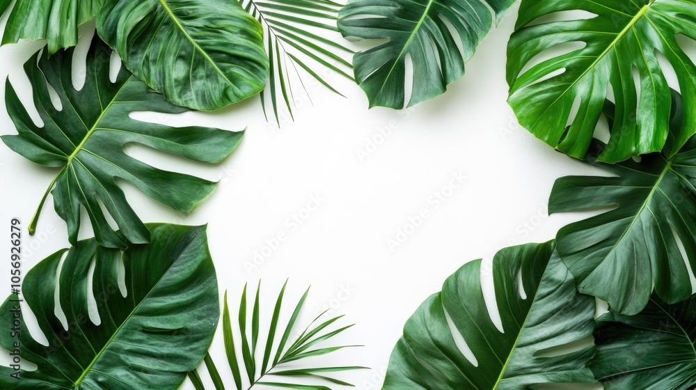 Poster close up of assorted fresh tropical leaves arranged on a white background design template featuring 