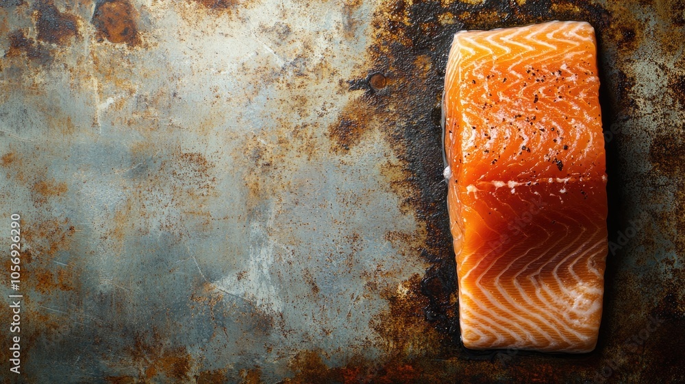 Poster salmon fillet on a rustic metal surface close up view with ample space for text