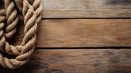 Fototapeta premium Close up view of a twisted rope resting on an aged wooden surface evoking a nautical theme
