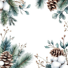 Fototapeta premium Winter Watercolor Frame with Pine Cones, Cotton, and Eucalyptus Leaves for Holiday Design