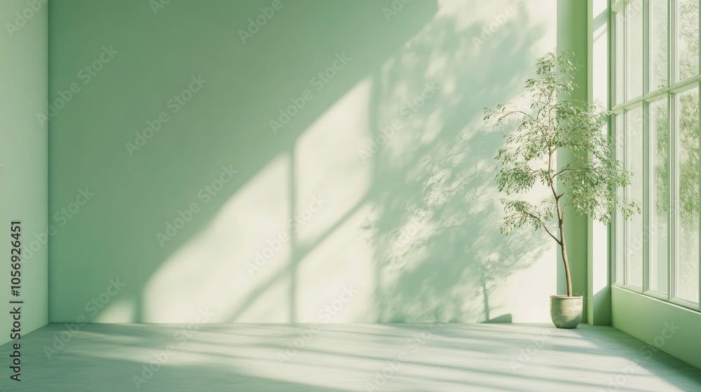 Poster interior mockup of a pastel green empty space featuring soft warm light streaming through a window w