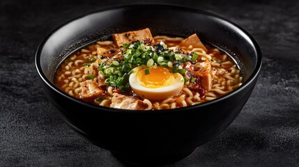 Chicken ramen soup with egg and chives served in a black bowl on a dark backdrop