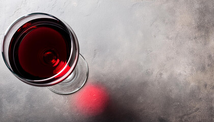 Red wine glass on stone table. Top view with copy space for your text