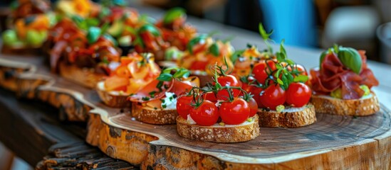 Buffet Table With Bruschetta Appetizers And Different Sauces With Hummus Beef Pate Avocado Tomatoes On A Wooden Rustic Table Close Up Selective Focus
