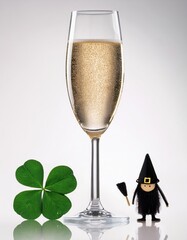 New Years Day Symbols of Luck: Chimney Sweep Figurine, Cloverleaf, and Champagne Glass on White Background, Vertical Image of Holiday Tradition and Prosperity