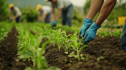 Group of farmers planting green plants in the field