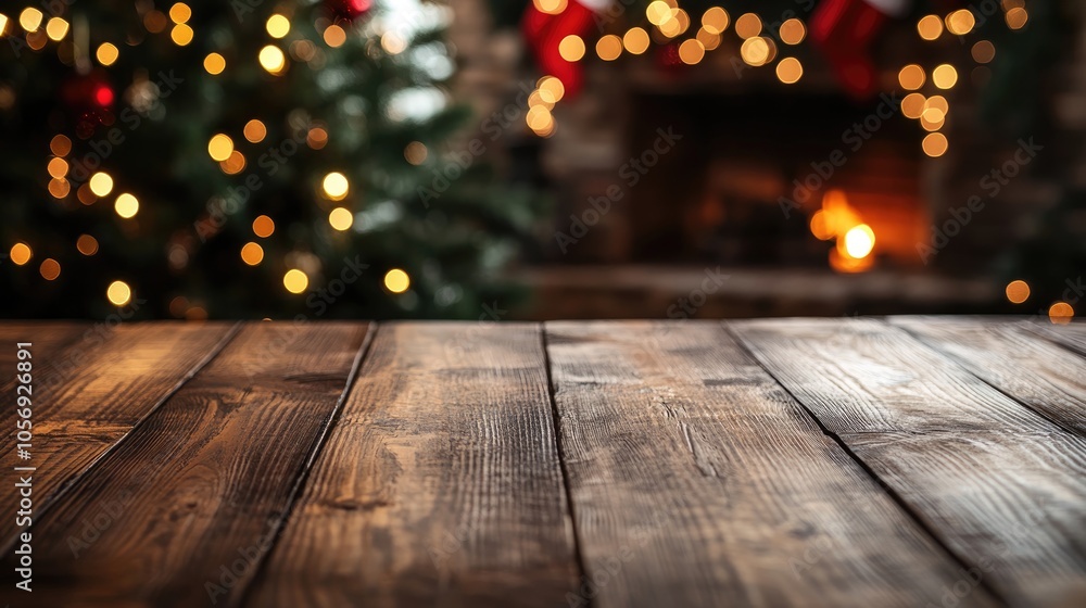Poster rustic wooden table featuring empty space with a christmas tree and a fireplace visible in the backg