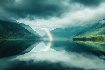 A beautiful mountain lake with a rainbow in the sky