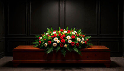Elegant bouquet of roses on wooden mahogany coffin in dark room