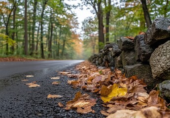 A road with a stone wall on the side and leaves on the ground