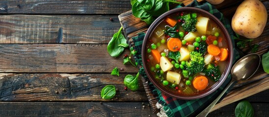 Delicious Vegetable Soup With Potato Broccoli Green Pea And Spinach On The Dinner Table