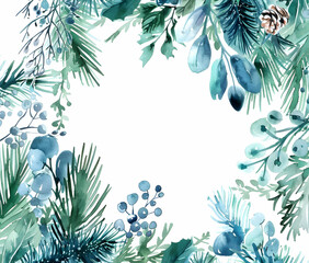 Watercolor winter greenery garland frame, white background