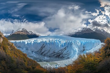 A beautiful landscape with a large glacier in the center