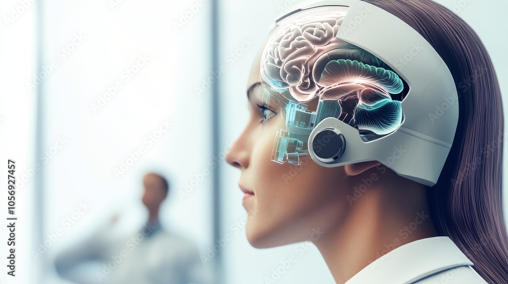 Poster a futuristic profile image of a woman with a transparent head showing a brain, representing technolo