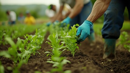 Naklejka premium Group of farmers planting green plants in the field