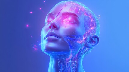 A futuristic representation of a digital human head with vibrant lights and network connections, symbolizing technology and innovation.