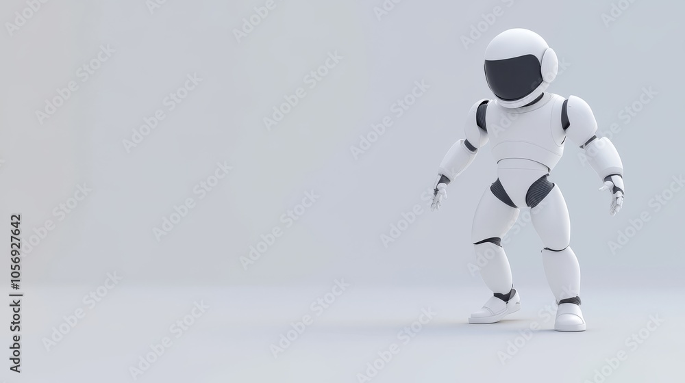 Poster a futuristic robot figure with a sleek design, standing in a minimalist environment, representing ad