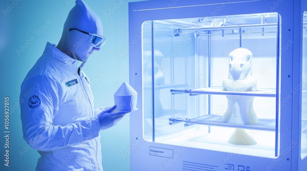 Poster a futuristic scene with a scientist in a lab coat observing a 3d printer creating an intricate sculp