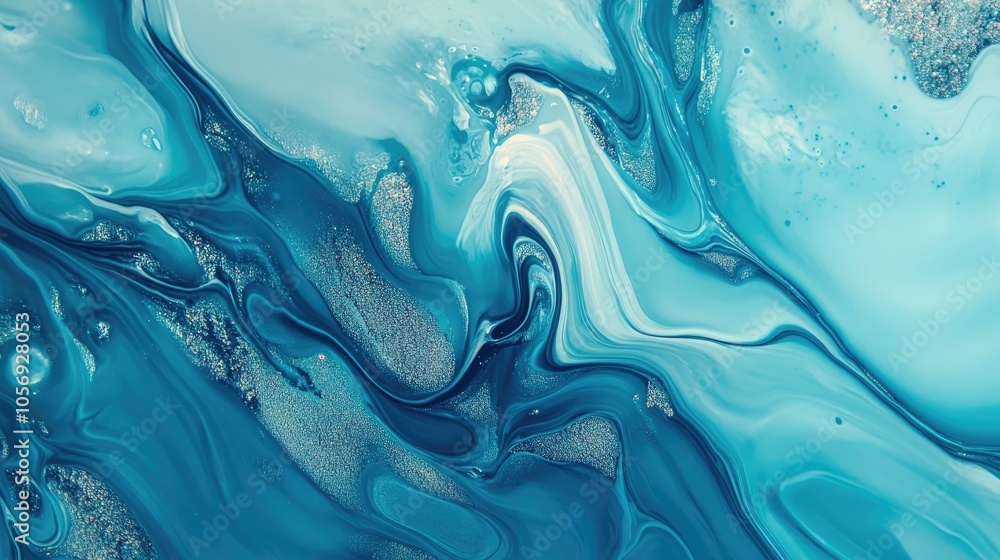 Poster abstract mint and blue fluid art design featuring a holographic metallic foil texture with scratches
