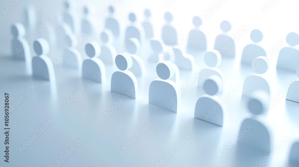 Poster a group of abstract white figures representing people in a soft, minimalist style. ideal for concept