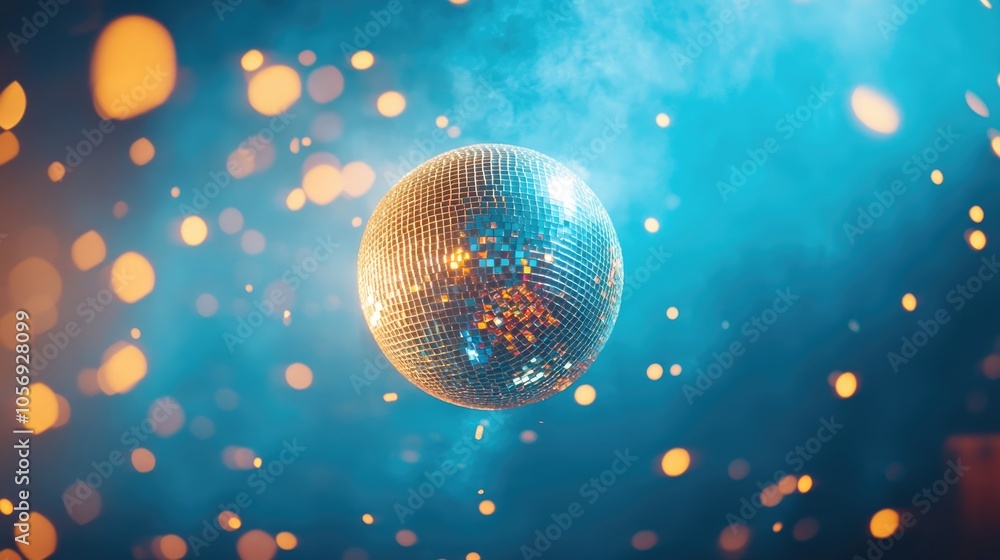 Aufkleber disco mirror ball with wick and sparks against a blue background representing a dynamic creative ide