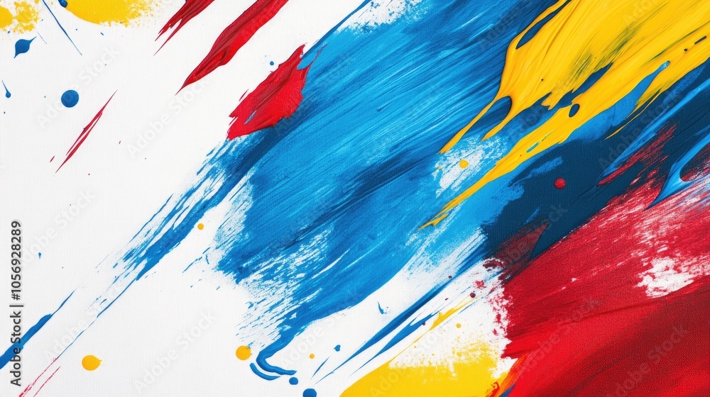 Poster acrylic paint background banner featuring abstract strokes and splash stains of blue red and yellow 