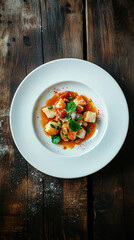 Italian gnocchi topped with tomato sauce and fresh basil is presented on a rustic wooden table