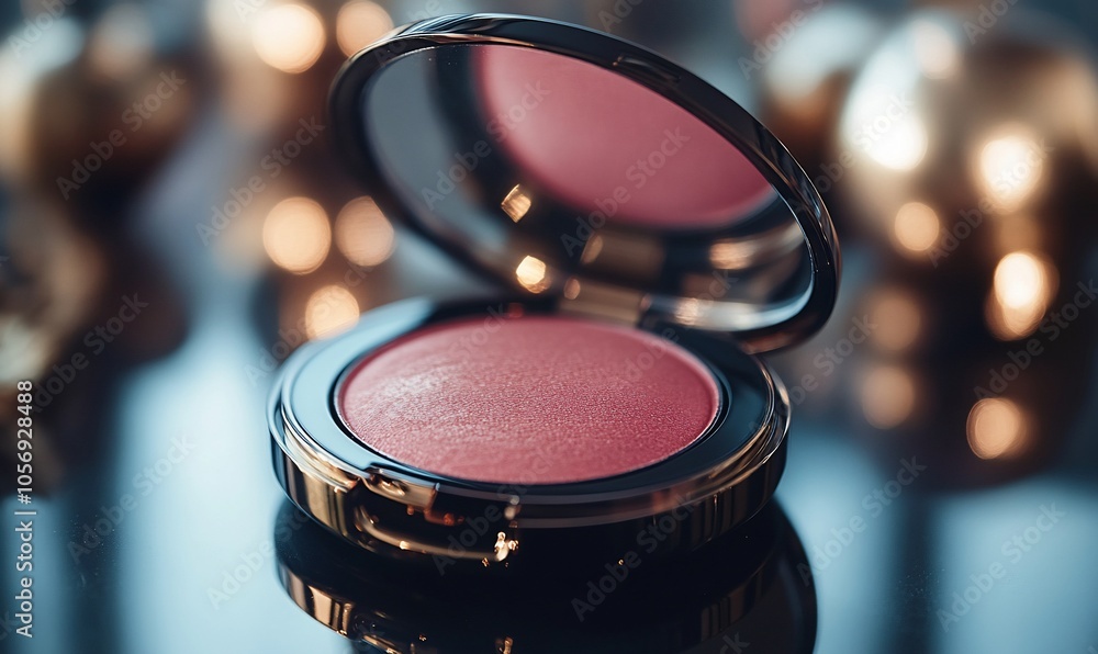 Poster a close-up of a pink blush compact on a reflective surface with a bokeh background.