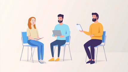 A group of three diverse individuals engaging in a productive discussion while seated, showcasing teamwork and collaboration.