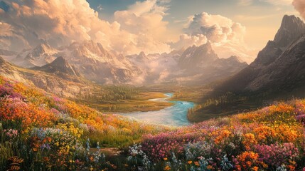 Obraz premium A colorful valley adorned with wildflowers runs beside a winding river encircled by majestic mountains and beneath a breathtaking sky