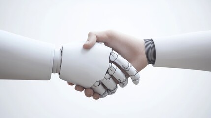 A handshake between human and robot, symbolizing collaboration between technology and humanity.