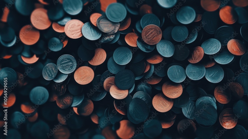 Poster a captivating dark layered paper background featuring an intricate arrangement of coins in high-qual