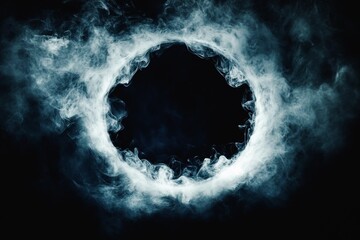 white smoke ring surreal atmospheric dark background, mystical abstract circular vapor effect