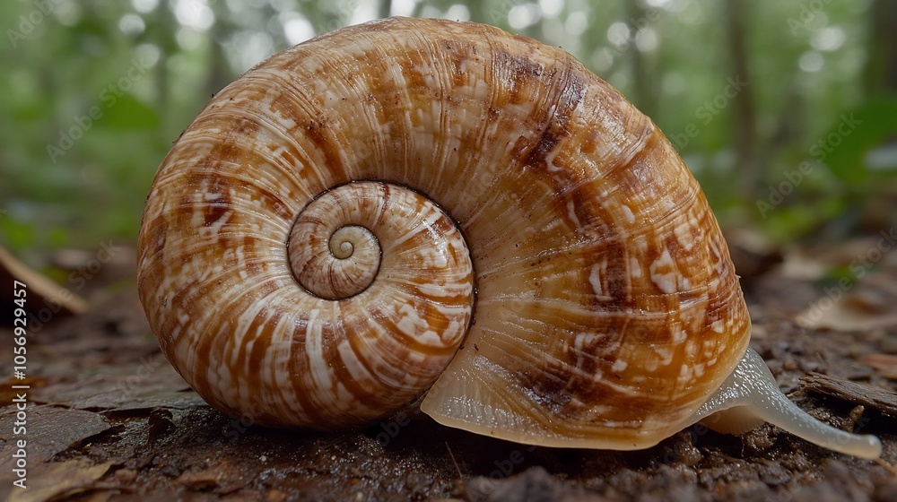 Poster A close-up of a snail shell with a brown and white pattern on the forest floor.