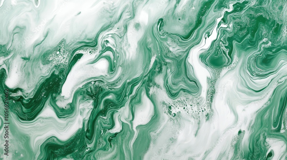 Aufkleber Abstract marble texture featuring free flowing green and white acrylic paint with random waves and curls