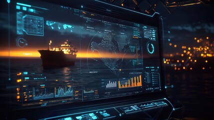 Obraz premium Digital interface showing real-time cargo data on a smart logistics screen, with a ship at sea in the background