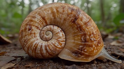 A close-up of a snail shell with a brown and white pattern on the forest floor.