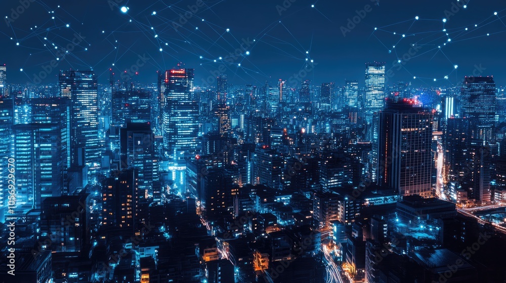 Poster modern cityscape at night showcasing wireless network connections highlighting technology s integrat