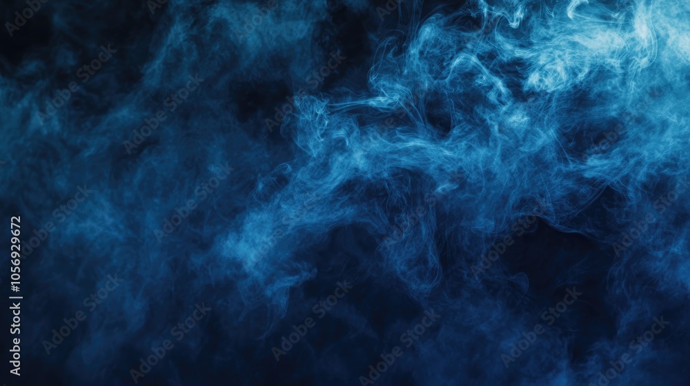 Poster an abstract dark blue background features delicate wisps of smoke and smog