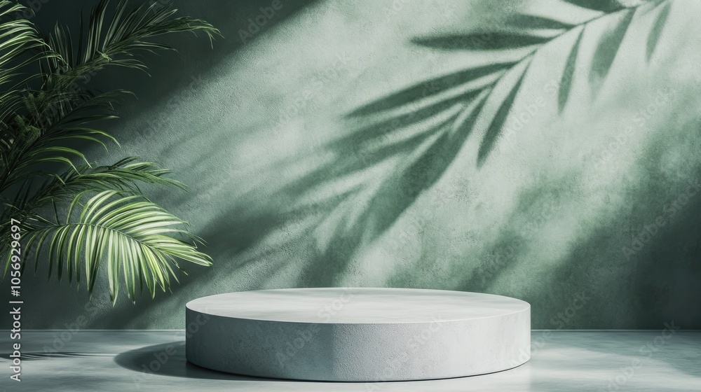 Poster abstract minimal podium with a green backdrop for showcasing products featuring a tropical leaf shad