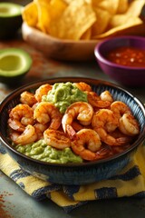 Savory grilled shrimp served with guacamole and tortilla chips on a rustic table setting